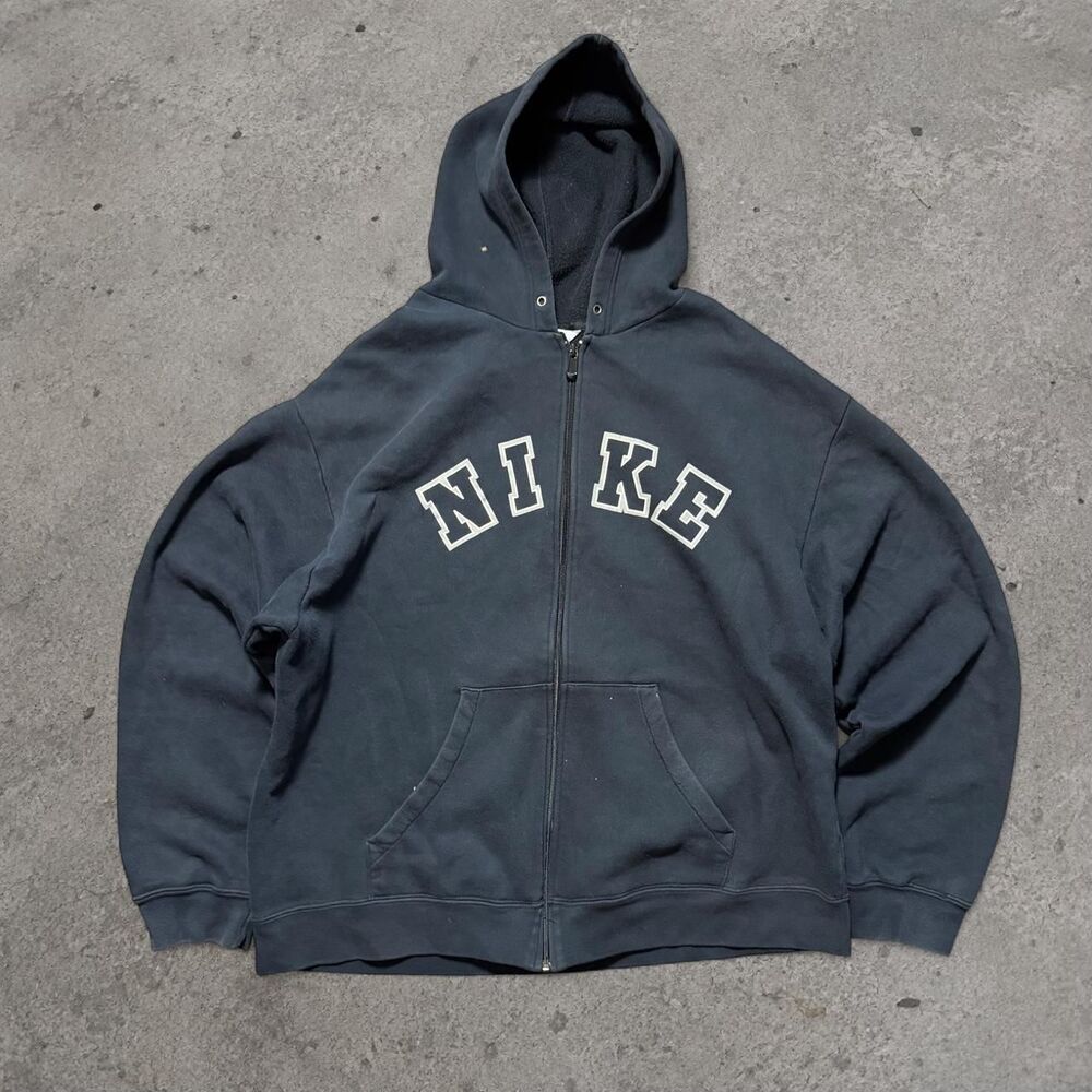 Y2K Nike Spellout Zip Up Hoodie Baggy Black Grey Tag Mens Size Large